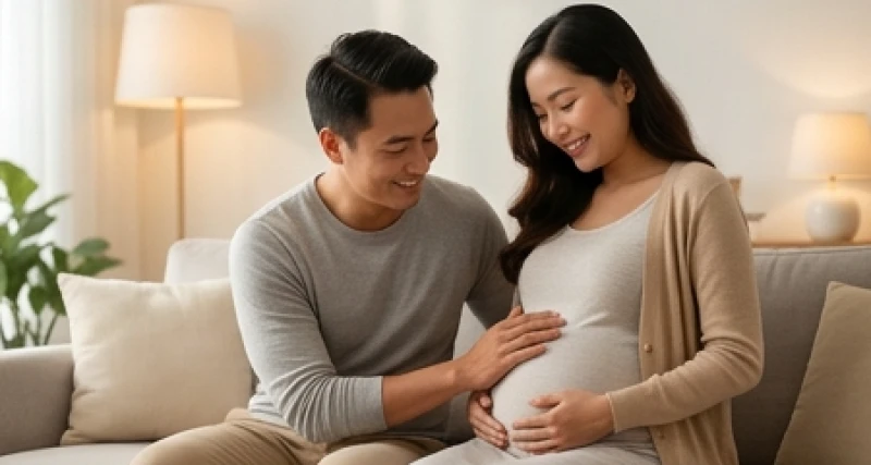 Chồng nhẹ nhàng xoa bụng bầu của vợ, phản ánh ý nghĩa tài lộc và sự đơm hoa kết trái khi nằm mộng thấy vợ mang thai