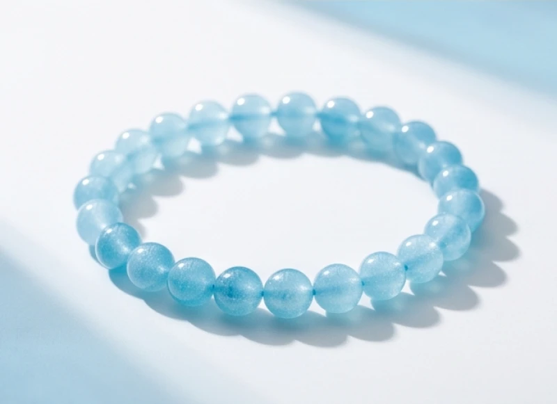 Dải màu xanh dương thanh khiết của chuỗi vòng đá aquamarine soi bóng trên nền trắng