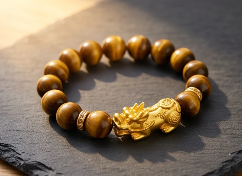 Chuỗi đá mắt hổ ánh lụa rực rỡ đính kèm charm tỳ hưu vàng 24K đúc đặc