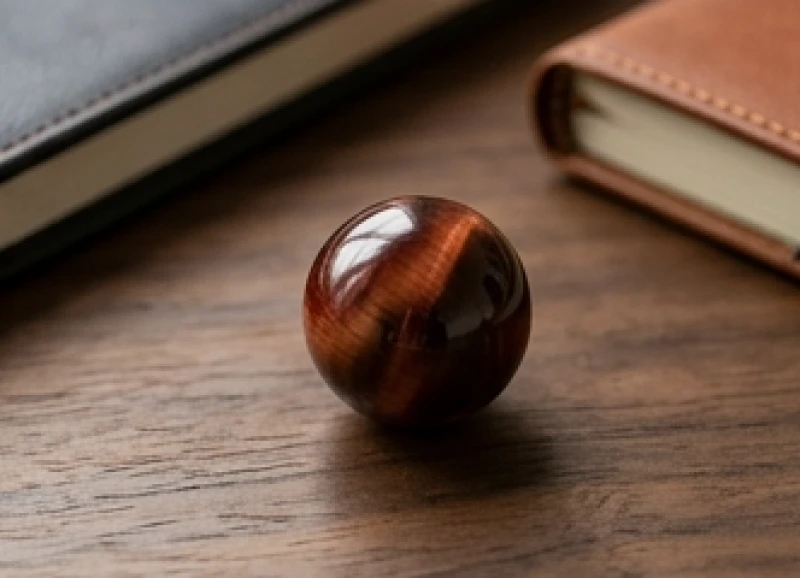 Tuổi Tuất hợp đá gì: Tra cứu 5 nạp âm và tỷ lệ thanh tẩy 11 Viên đá mắt hổ nâu đỏ phản chiếu vệt sáng lấp lánh như mắt hổ thật đặt trên bàn làm việc gỗ