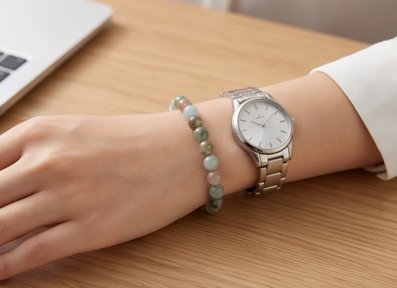 Cổ tay thanh mảnh của nữ giới đeo chuỗi vòng đá tự nhiên kích thước 8mm