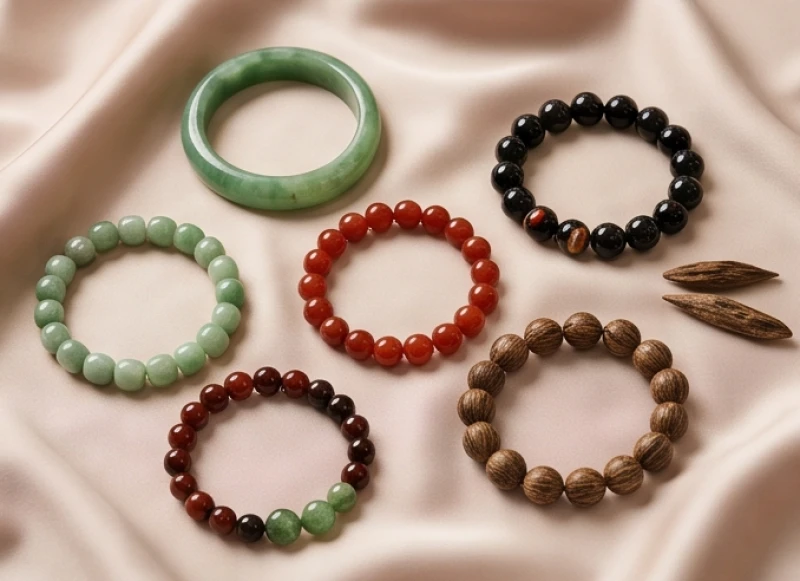 Các mẫu vòng tay làm từ đá thạch anh và gỗ trầm hương tự nhiên giúp cân bằng năng lượng ngũ hành cho người đeo