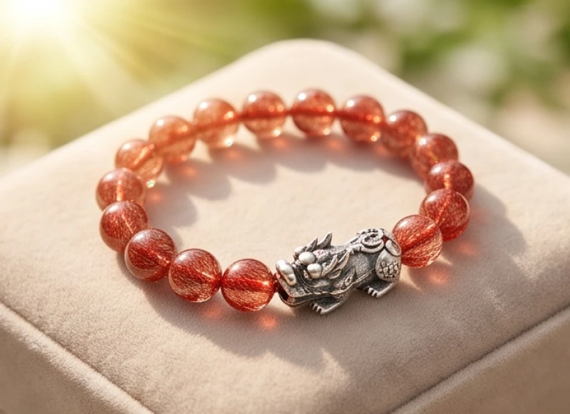 Vòng tay thạch anh tóc đỏ đính kèm charm bạc tỳ hưu tinh xảo lấp lánh
