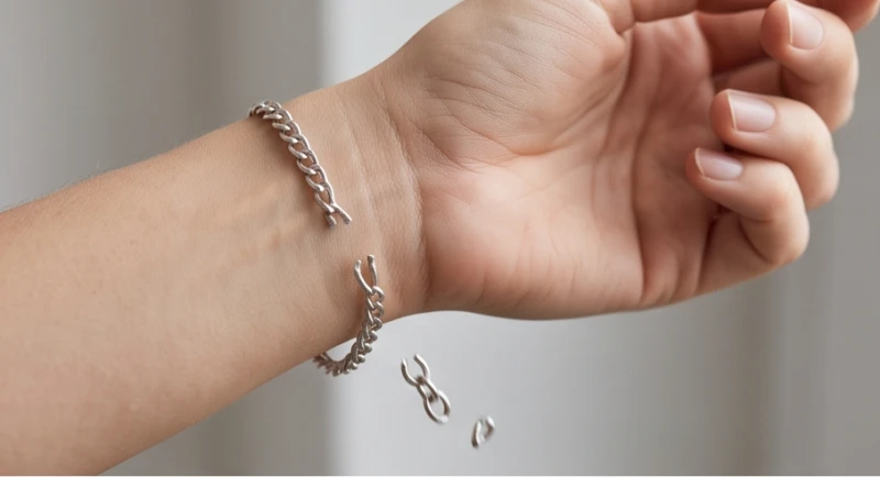 Sợi dây bạc đứt gãy đột ngột ngay trên cổ tay người đeo phản ánh lo lắng về các điềm báo xui xẻo