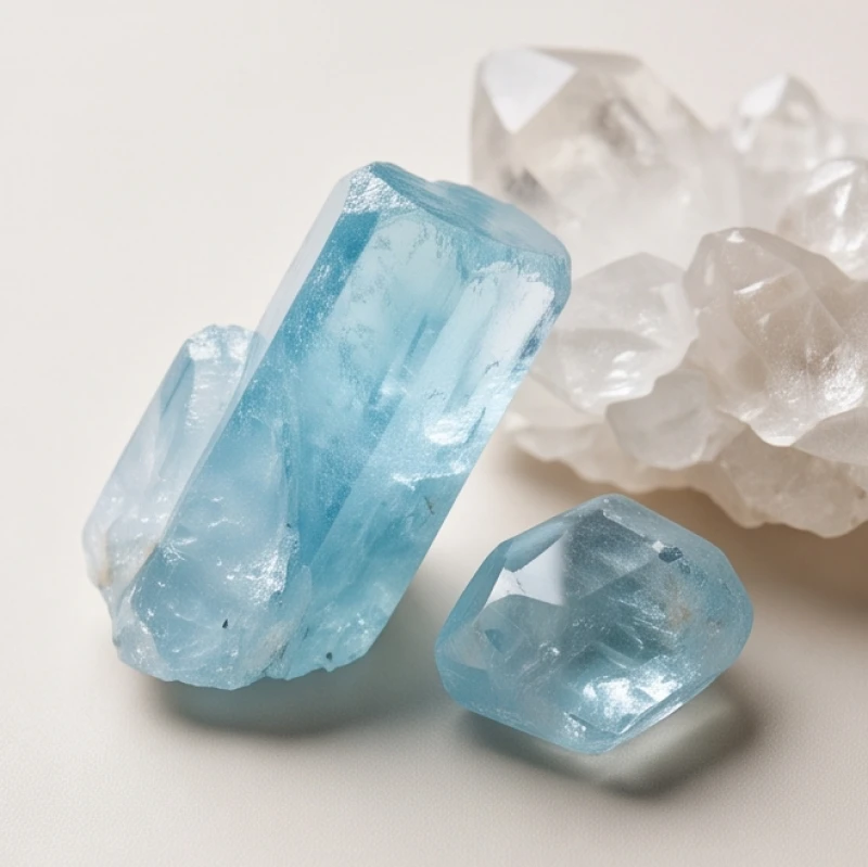 Tinh thể đá aquamarine màu xanh dương trong trẻo kết hợp cùng thạch anh tự nhiên
