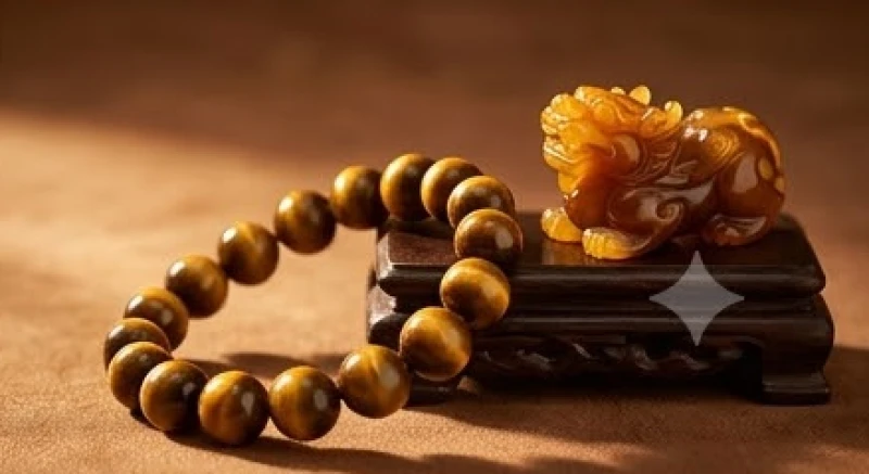 Chiếc vòng tay đá mắt hổ màu vàng nâu sáng bóng đặt cạnh bức tượng tỳ hưu ngọc bích sang trọng