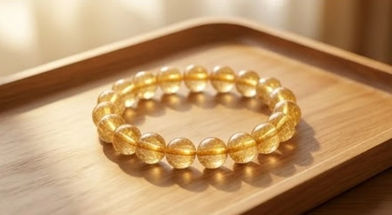 Vòng tay đá Thạch anh tóc vàng kết hợp charm bạc đặt trên khay gỗ tự nhiên sang trọng