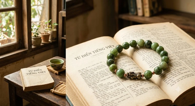 Tử vi tuổi Canh Dần 2010 năm 2026: Lộ trình 12 tháng học hành 12 Chiếc vòng tay đá phong thủy màu xanh lá cây vô cùng bắt mắt được đặt gọn gàng trên cuốn từ điển ngoại ngữ