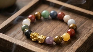 Vòng tay đá phong thủy tuổi dần cao cấp phối charm tỳ hưu nổi bật trên khay gỗ mộc mạc