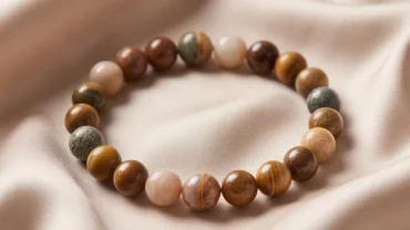 Chiếc vòng tay đá phong thủy tuổi mão làm từ đá quý tự nhiên tỏa sáng rực rỡ trên nền lụa mềm mại