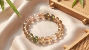 Chuỗi vòng tay đá phong thủy tuổi ngọ tỏa sáng lấp lánh trên nền lụa tơ tằm mềm mại