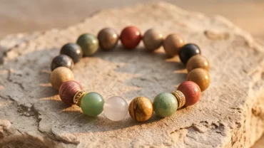 Vòng tay đá phong thủy tuổi thân với các hạt đá tự nhiên tinh xảo đặt trên phiến đá khối