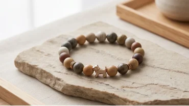 Vòng tay đá phong thủy tuổi tuất sang trọng đặt trên phiến đá tự nhiên tuyệt đẹp