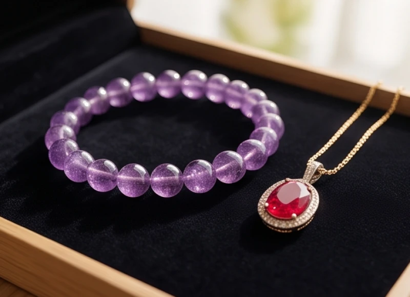 Trang sức vòng tay từ đá Thạch anh tím và Ruby đỏ giúp cân bằng năng lượng và gia tăng tài lộc