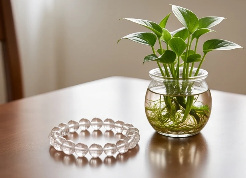 Chiếc vòng tay đá thạch anh tự nhiên trong suốt đặt cạnh một chậu cây cảnh thủy sinh mini xinh xắn trên bàn