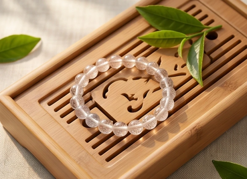 Vòng tay đá phong thủy tuổi ngọ đặt trên khay gỗ chạm khắc cùng lá trà xanh
