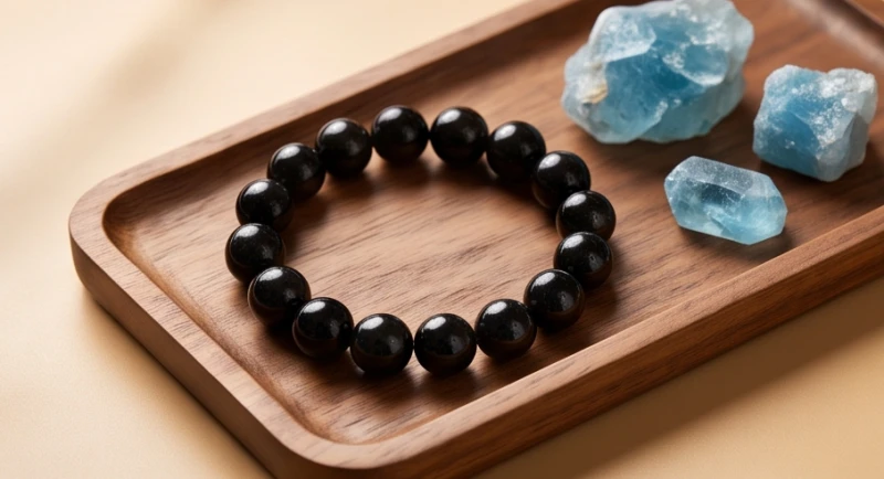 Chuỗi vòng tay đá thạch anh đen Morion kết hợp ngọc Aquamarine xanh biếc đặt trên khay gỗ