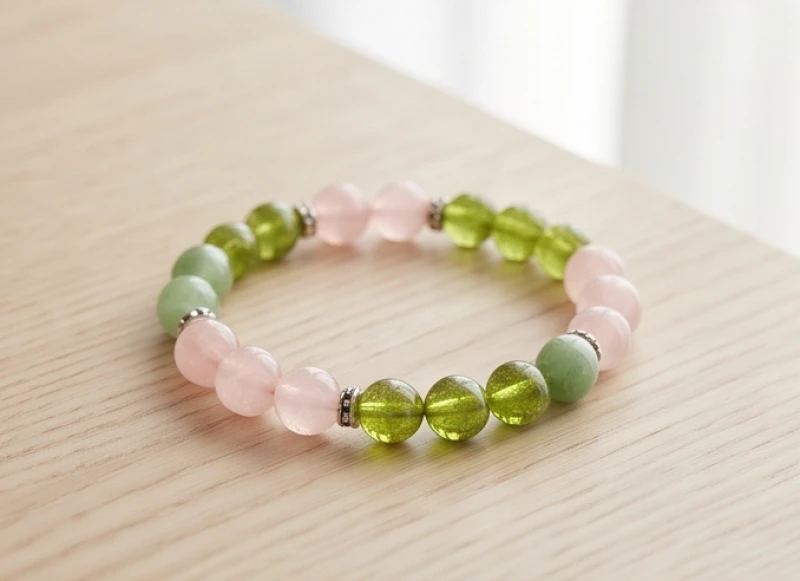 Vòng tay phối hạt thạch anh hồng và đá peridot xanh lá mang lại sinh khí rạng rỡ