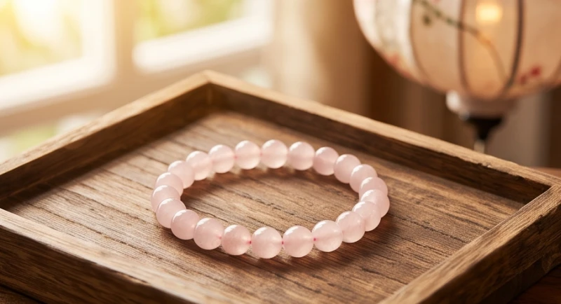 Vòng tay đá thạch anh hồng tự nhiên với các hạt tròn đều đặn đặt trên khay gỗ mộc