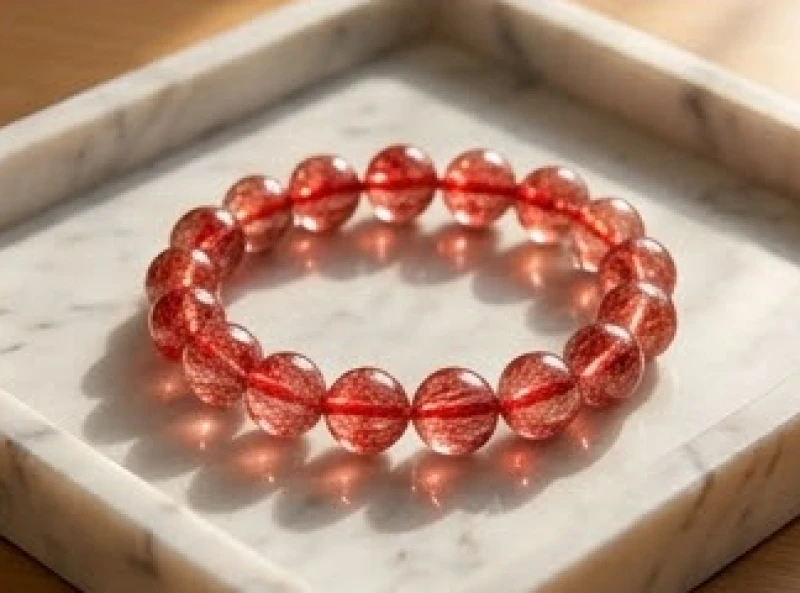 Chuỗi vòng tay đá thạch anh tóc đỏ rực rỡ lấp lánh dưới ánh sáng mặt trời tự nhiên