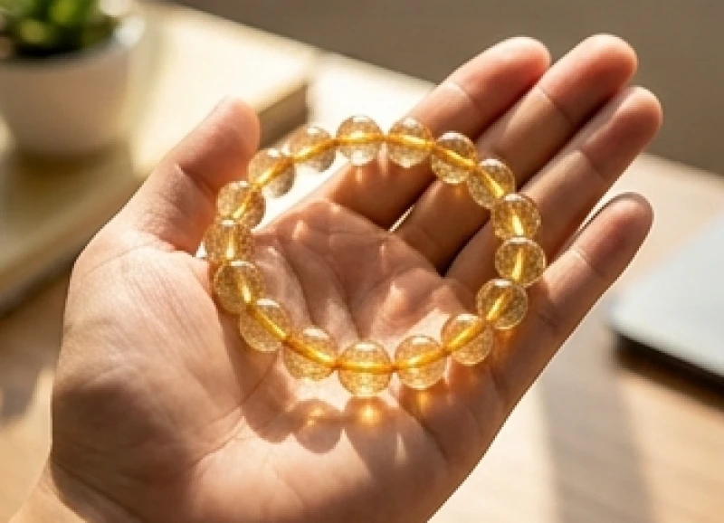 Chuỗi vòng tay đá thạch anh tóc vàng lấp lánh phản chiếu ánh sáng tự nhiên