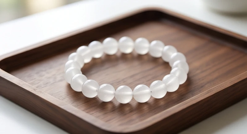 Tuổi Sửu mệnh gì: đối chiếu ngũ hành, màu xe và hướng nhà 4 Vòng tay phong thủy làm từ đá thạch anh trắng tinh khiết đặt trên khay gỗ tối màu