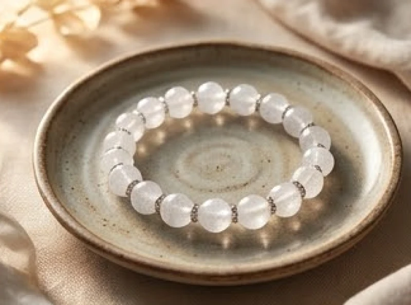 Chiếc vòng tay phong thủy làm từ đá thạch anh trắng lấp lánh đặt trên một đĩa gốm mộc mạc và thanh tao