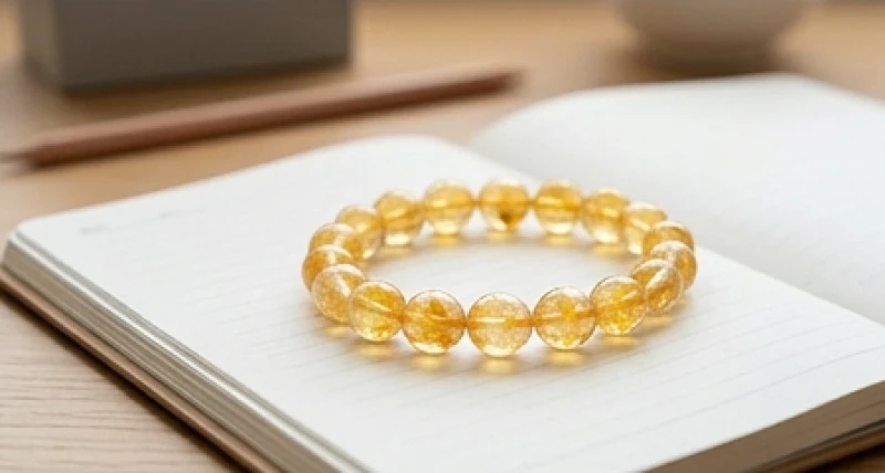 Vòng tay đá thạch anh vàng Citrine tự nhiên đặt gọn gàng cạnh cuốn vở học sinh mang lại năng lượng tương sinh