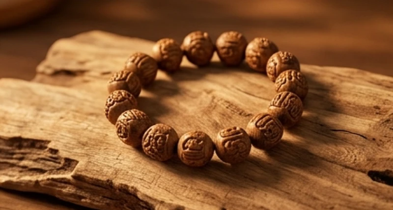 Chiếc vòng tay hạt trầm hương với những đường vân gỗ tự nhiên sắc nét đặt trên một tấm gỗ nguyên khối