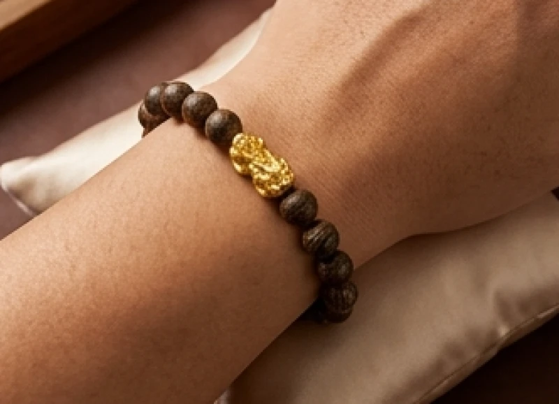 Vòng tay trầm hương phối cùng phụ kiện tỳ hưu bằng vàng 18K đeo trên cổ tay người mang