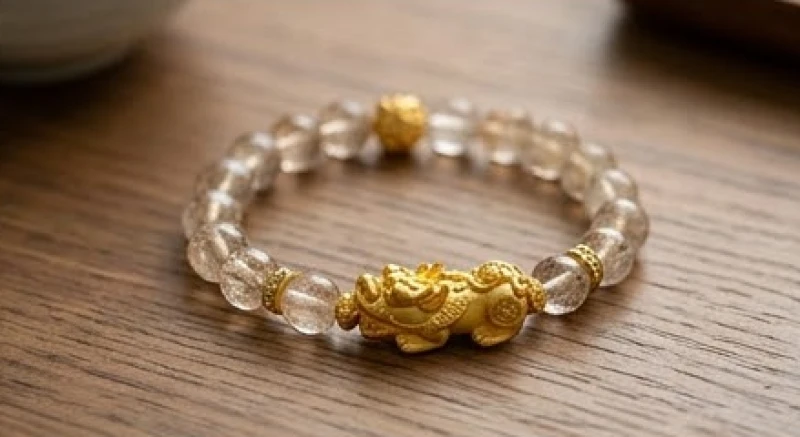 Vòng tay thạch anh thiên nhiên phối charm tỳ hưu vàng giúp thu hút tài lộc cho người kinh doanh