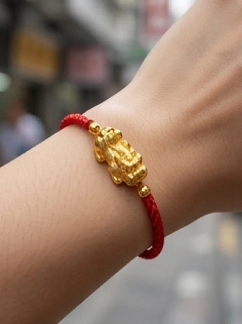 Tỳ Hưu phong thủy tuổi Sửu: Chuẩn màu nạp âm và giá tham khảo 1 Vòng tay tỳ hưu vàng 24k kết hợp dây đỏ may mắn dành cho người tuổi Sửu