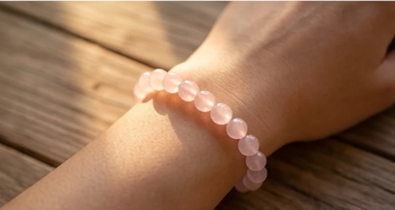 Vòng tay đá phong thủy thạch anh hồng mang năng lượng chữa lành được đeo trên cổ tay