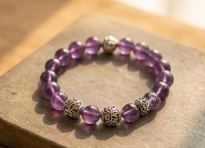 Chuỗi vòng tay đá thạch anh tím tự nhiên phối charm bạc tinh xảo đặt trên phiến đá phẳng