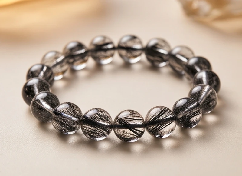 Vòng tay đá phong thủy tuổi Thân: chuẩn size hạt và quy tắc đếm 4 Cận cảnh vòng tay thạch anh tóc đen với những sợi ru-tin đen đặc rải rác bên trong tinh thể