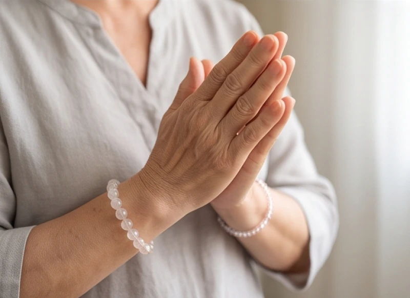Cụ bà đeo chuỗi vòng tay Thạch anh trắng hạt nhỏ thanh khiết giúp bảo vệ năng lượng và tĩnh tâm
