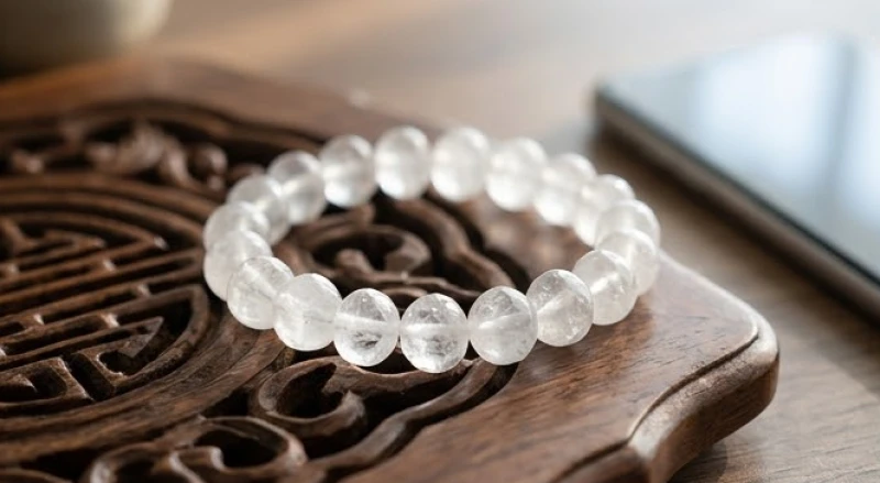 Chiếc vòng tay đá thạch anh trắng trong vắt đặt cạnh chiếc điện thoại mở lịch xuất hành đầu năm