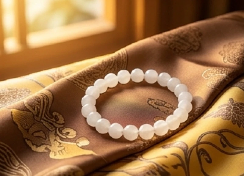 Vòng tay đá thạch anh trắng đặt trên tấm lụa màu vàng nâu tượng trưng cho ngũ hành tương sinh