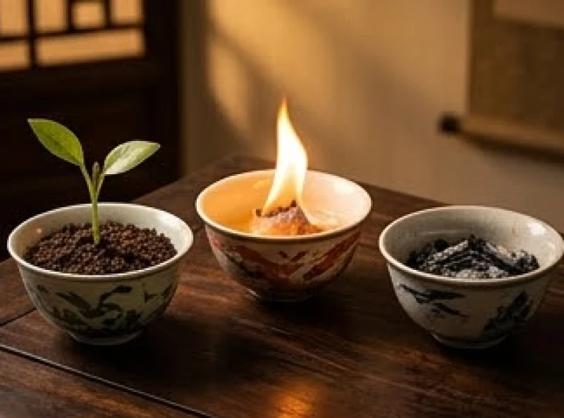 Ba chiếc bát gốm đại diện cho ba giai đoạn Sinh Vượng Mộ của chu kỳ ngũ hành