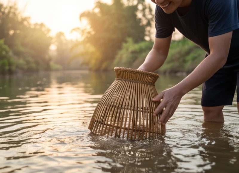 Người nông dân vớt tôm thủ công trên sông quê vào buổi sáng sớm thể hiện sự tự tin và khả năng kiểm soát cuộc sống