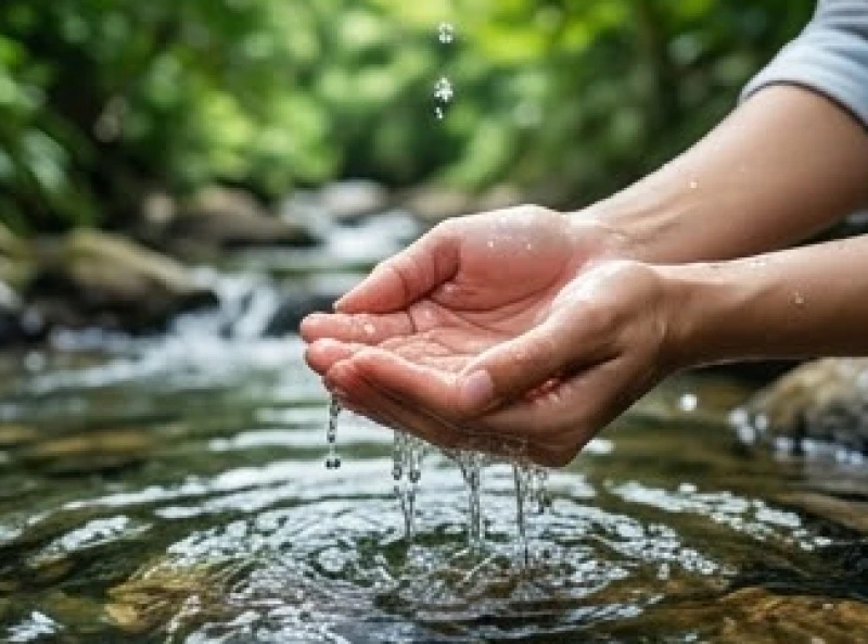 Hai bàn tay chụm lại vục dòng nước suối trong vắt từ nguồn nước tự nhiên