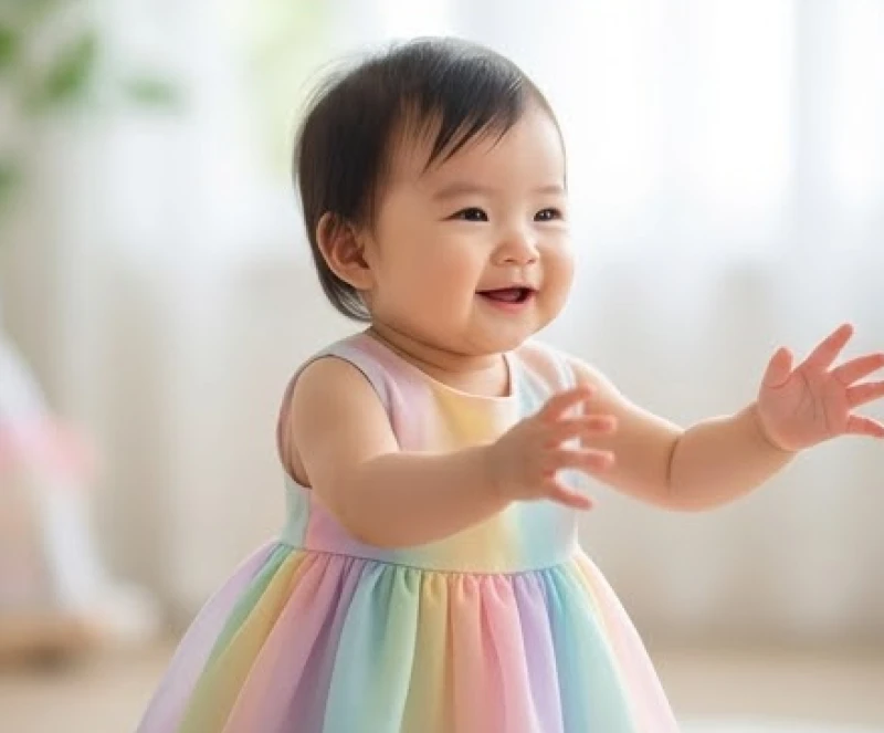 Bé gái có gương mặt rạng rỡ mặc chiếc váy sáng màu đang vươn tay vui đùa