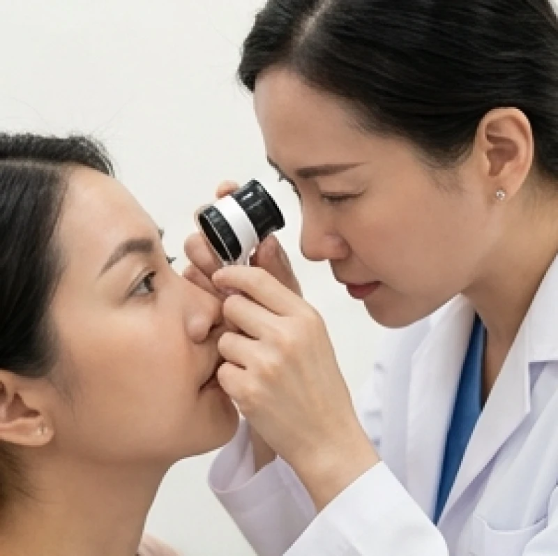 Bác sĩ da liễu đang quan sát vùng da mỏng quanh khóe mắt trong để đánh giá mức độ nhạy cảm