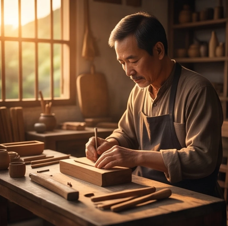 Người thợ cần mẫn làm việc trong xưởng mộc tận hưởng thành quả lao động ổn định