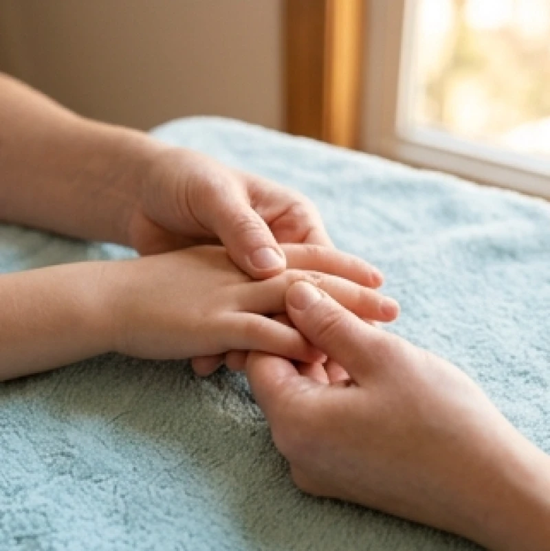 Người lớn dùng ngón cái và ngón trỏ nhẹ nhàng vuốt dọc ngón út của trẻ từ gốc lên đến ngọn