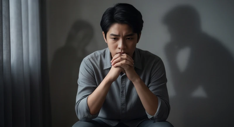 Biểu cảm lo âu và bồn chồn của một người khi đối diện với ánh mắt phán xét khắt khe