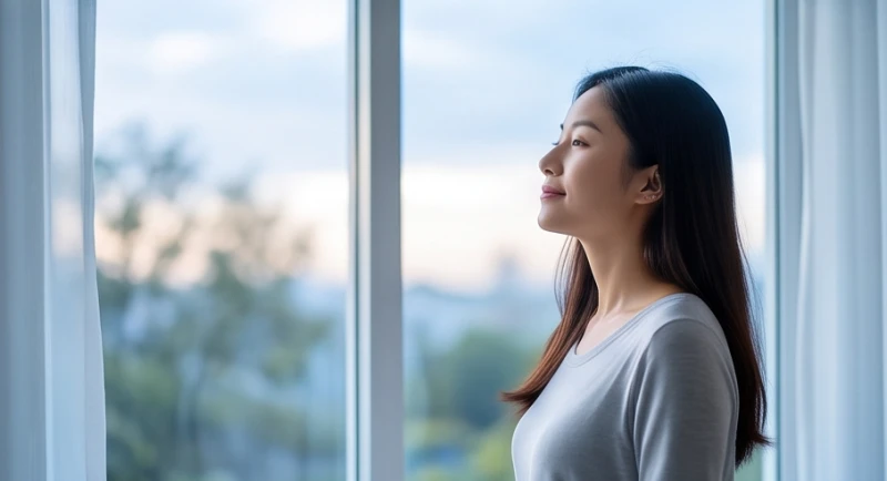 Cô gái đứng bên cửa sổ hít thở sâu vào buổi sáng sớm để xua tan những cảm giác bất an trong mộng