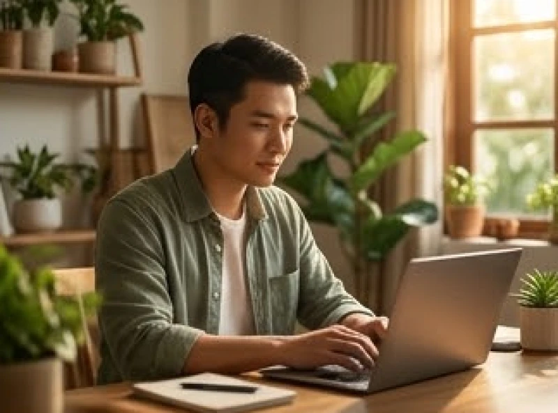 Chàng trai Việt Nam đang điềm tĩnh làm việc trước màn hình máy tính thể hiện sự vượt qua thử thách