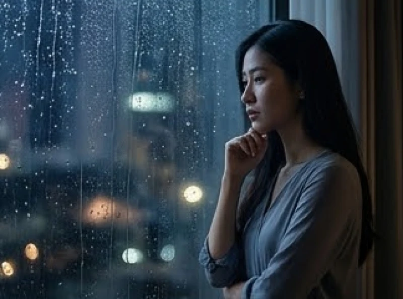 Mơ bị ép lấy chồng: Phân tích tâm lý, điềm báo & cách giải tỏa 7 Một người phụ nữ đứng suy tư bên cửa sổ nhìn ra trời mưa thể hiện mong muốn dứt điểm những vướng mắc tình cảm cũ
