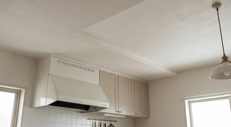 Hướng bếp hợp tuổi Dần: Bảng tra chi tiết Nam Nữ & cách hóa giải 14 Trần thạch cao phẳng phiu che đi các thanh dầm ngang bên trên khu vực đun nấu
